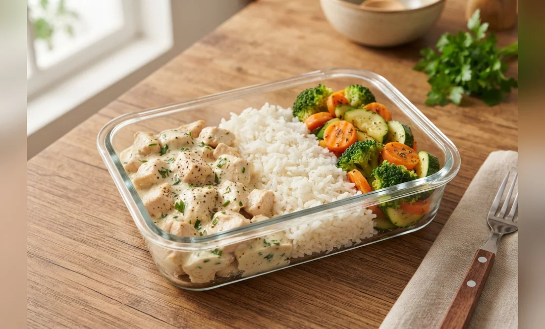 Frango cremoso com arroz e legumes em marmita de vidro