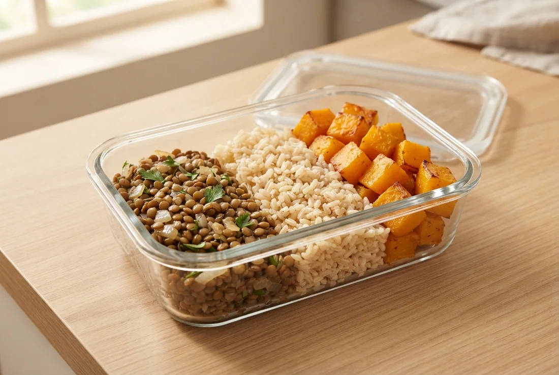 Lentilha com arroz integral e abóbora